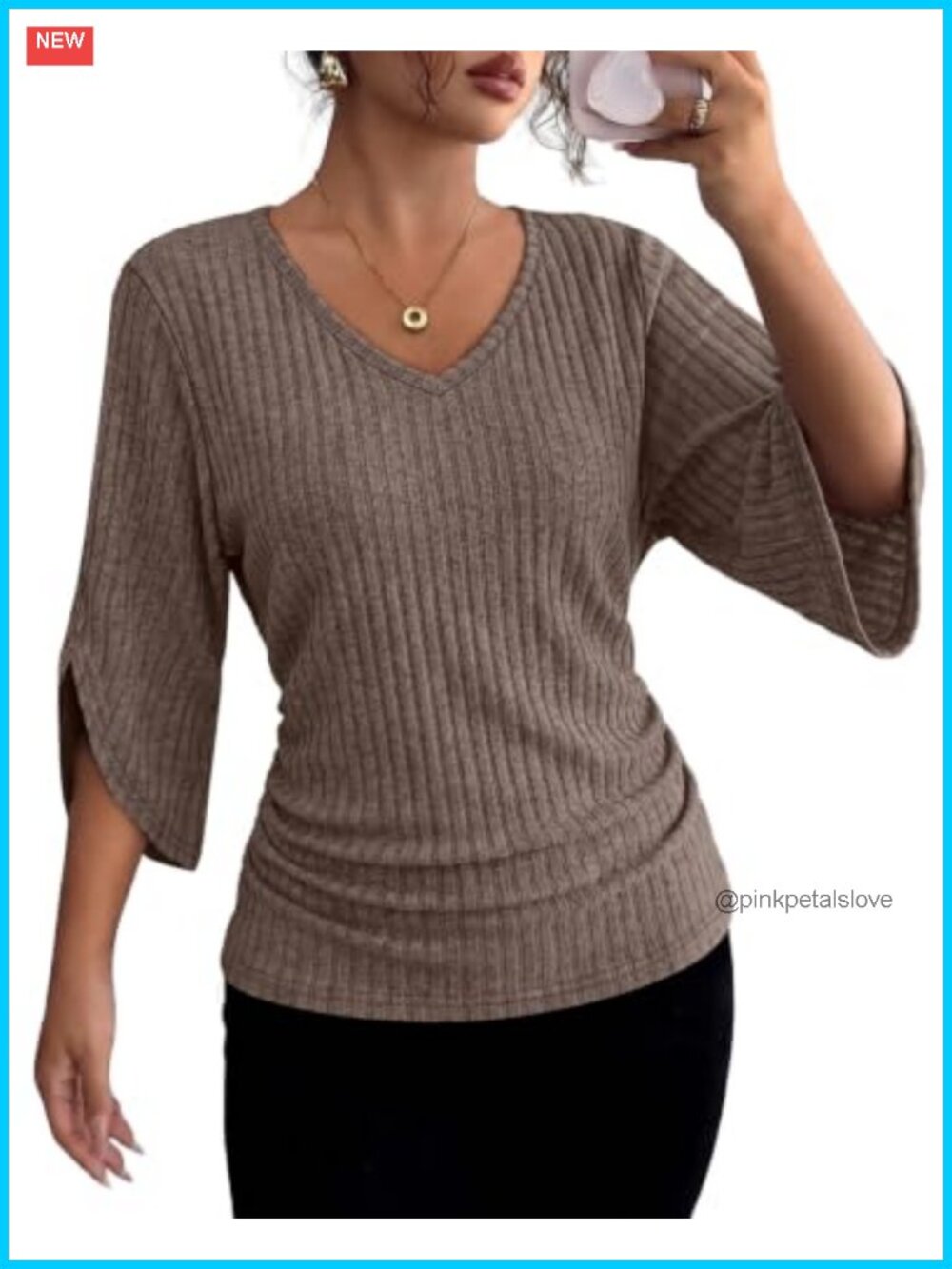 Womens 3/4 Sleeve V Neck Ribbed Knit Top Casual Fall Blouse
